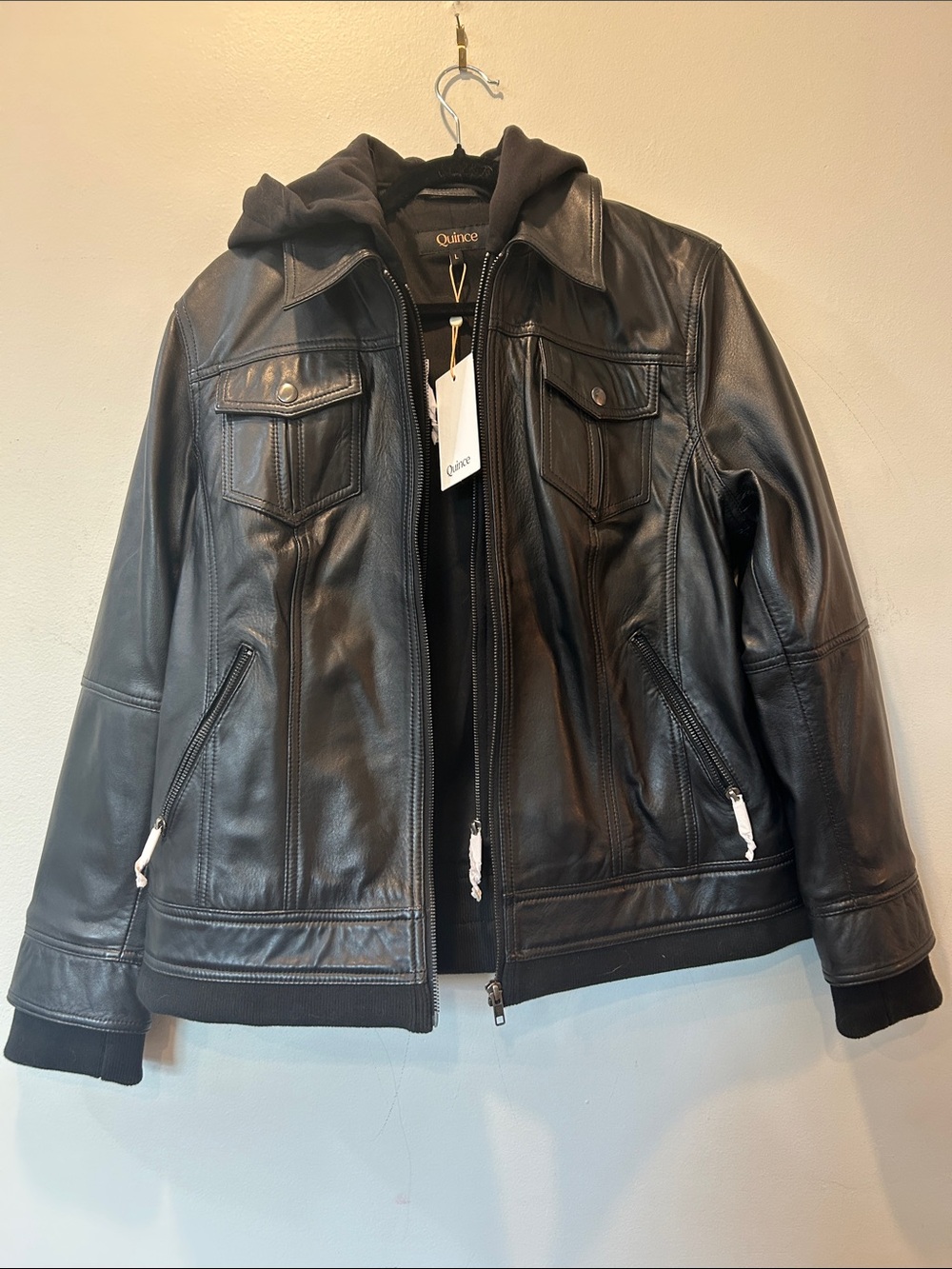 Quince Women’s Black Leather Bomber Jacket with Black Hoodie